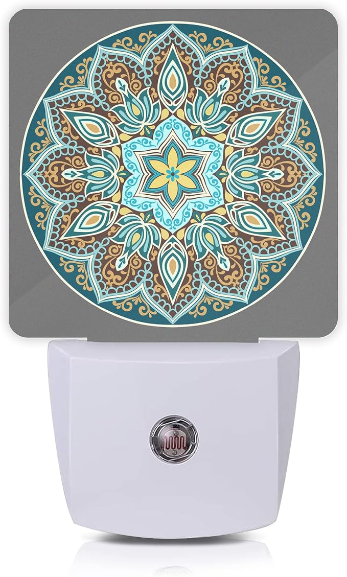 Mandala Floral Night Light,Yellow and Brown Ethnic Style Plug-in Night Lights with Dusk-to-Dawn Sensor for Stairway/Hallway/Bedroom Sleep Friendly lamp for Women/Girls/Boys Gift,0.5W
