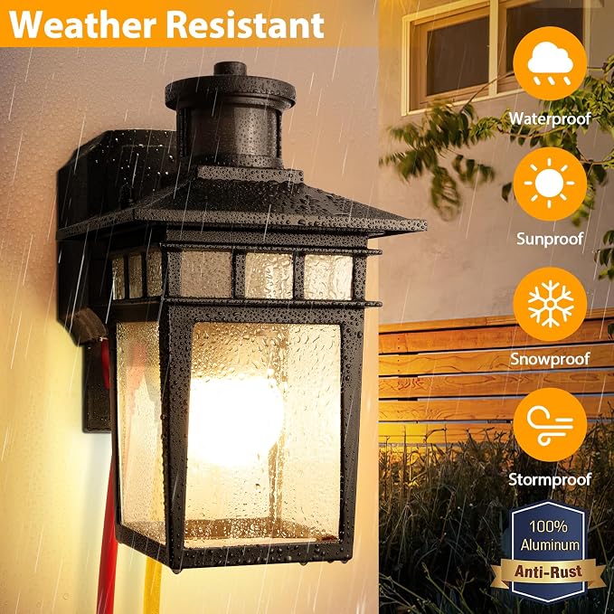 Porch Lights with GFCI Outlet, Black Dusk to Dawn Motion Sensor Outdoor Light, 3-Mode Wall Exterior Lighting Fixture, Waterproof Outside Lights Sconce for House Front Door Patio Garage