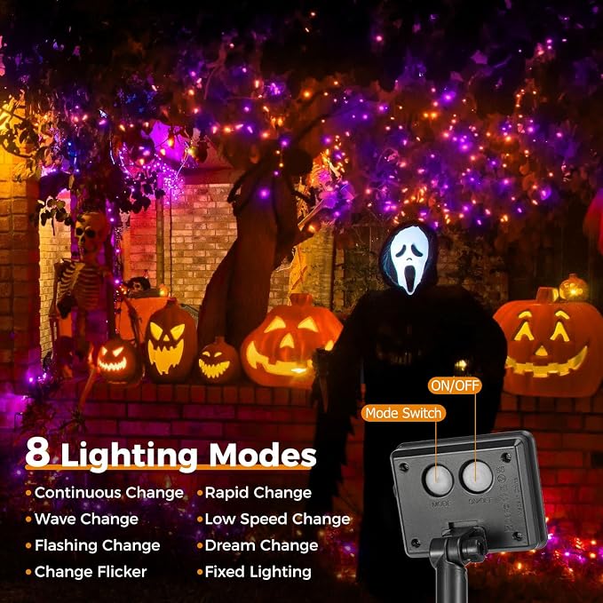 btfarm 2 Pack Solar Halloween String Lights Outdoor, Orange Purple | Total 160LED 66FT Solar Fairy Lights Outside Waterproof, 8 Modes Solar Powered Twinkle for Tree Garden Patio Spooky Decor