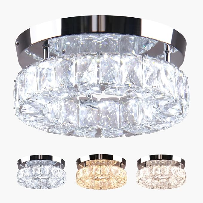 Small Crystal Chandeliers LED Crystal Ceiling Light Semi Flush Mount Light Fixture for Foyer Entryway Crystal Hallway Light Bedroom,9.8",3 Colors Adjustable