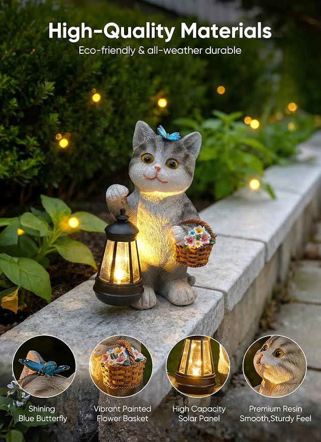 Brightown Solar Cat Garden Decor Statue with Solar Lantern Light, Hand-Painted Resin, IP65 Waterproof Outdoor Decor for Patio, Balcony & Yard Decorations, Unique Mothers Day Gifts for Mom Women