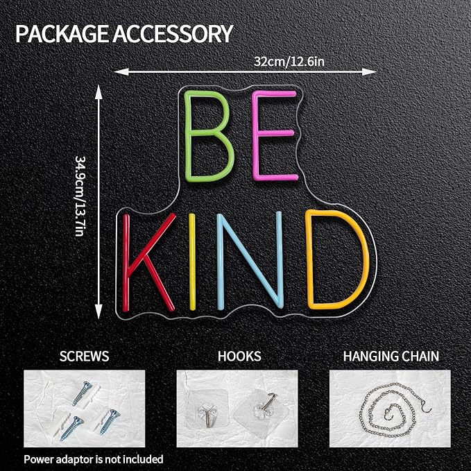 Be Kind Neon Sign Dimmable Kindness Neon Light Sign for Wall Decor Inspirational Letters Led Signs for Bedroom Kids Room Reading Corner Library Classroom Club Decor Gifts 12.6" x 13.7"