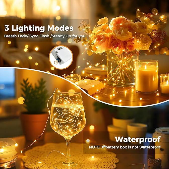 litogo 6 Pack Yellow Fairy Lights Battery Operated with Timer, 20 LED 3 Modes Twinkle Light, 7ft Waterproof Silver Wire Mini Small Bulk Mason Jar String Light, Decor for Wedding Party Christmas