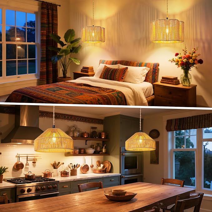 Hanging Lamps Rattan Pendant Light Hanging Lights 16.4ft Plug in Cord Pendant Light Fixture Plug Into Wall Outlet Pendant Lighting with On Off Switch for Bedroom Living (Cylindrical Flower Shade)