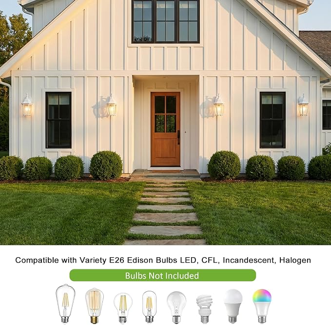 Outdoor Wall Light Fixture, Rustproof Aluminum, Glass | Large Exterior Porch Light Wall Sconce Lantern for House, Patio, Garage, Waterproof, E26 Socket 60W Max, White