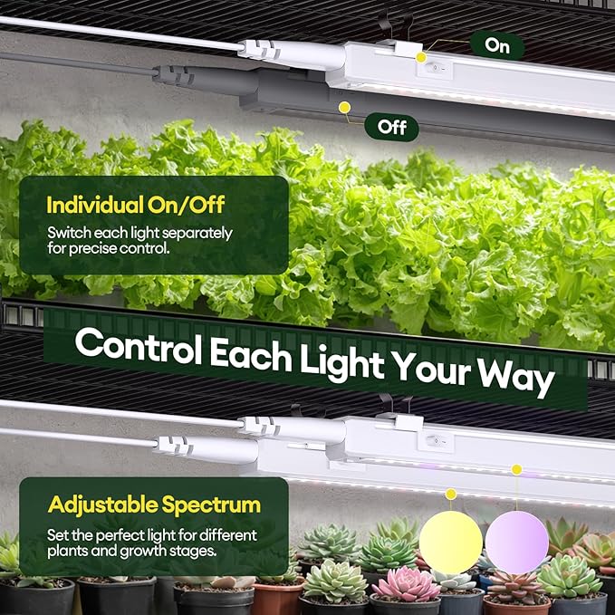 Plant Grow Light 2ft, Tunable Full Spectrum LED Grow Light Strips 60W (4 x 15W), T5 Growing Lamp for Indoor Plants, Greenhouse, High PPFD, 4-Pack