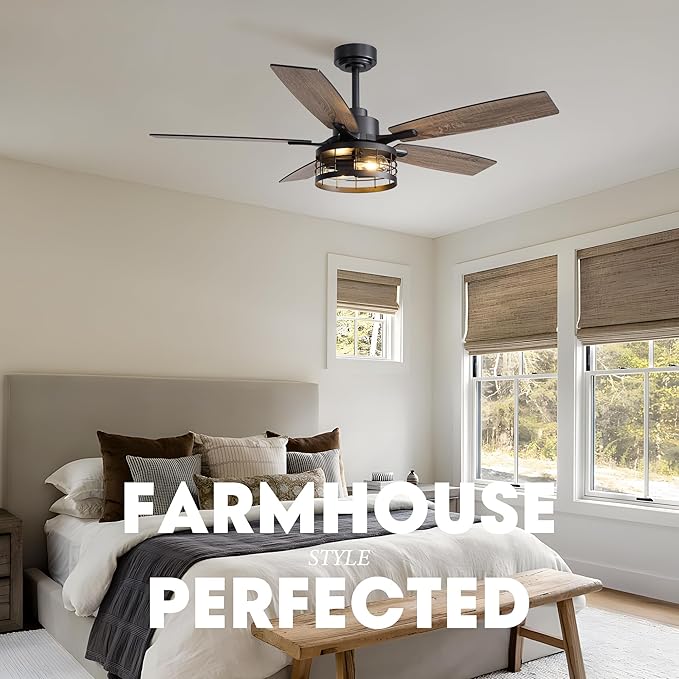52 Inch Ceiling Fans with Lights and Remote & APP Control, Farmhouse Ceiling Fan Lights for Bedroom Living Room and Patio, Black Caged Ceiling Fan for Indoor and Outdoor (No Bulbs)