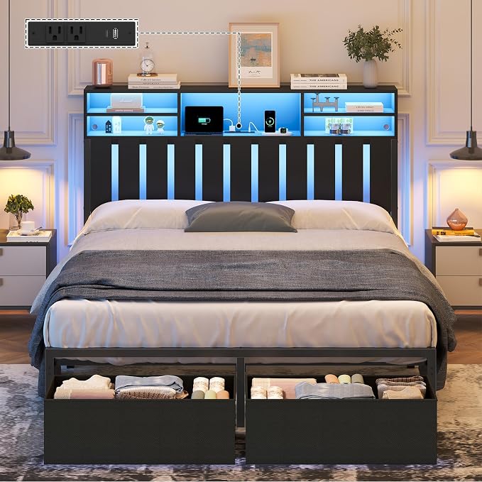 Full Size Bed Frame with Headboard and Charging Station,2 Storage Drawers | Wood Headboard with LED Lights & 2-Tier Storage Shelves, Full Platform Bed with Under Bed Storage, No Box Spring Needed