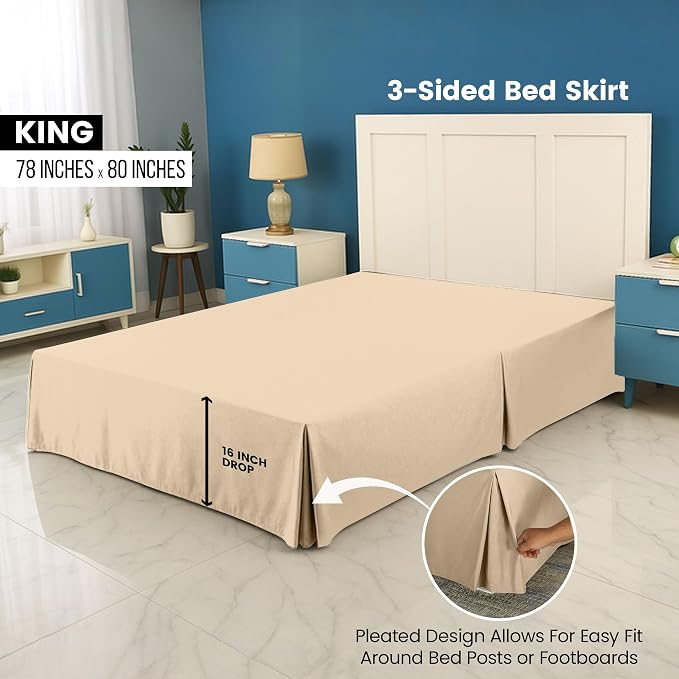 King Bed Skirt, Hides Under-Bed Storage 16 Inch Drop, Pleated, Beige | Easy Fit Design, Shrinkage & Fade Resistant, Hotel Style, Microfiber Durable Fabric, Machine Washable