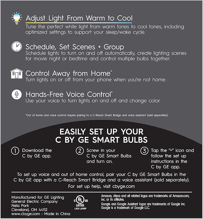 GE Lighting CYNC Smart Light Bulbs, Bluetooth Enabled, Tunable White, Alexa and Google Home Compatible, Cool and Warm White (2 Pack), Packaging May Vary