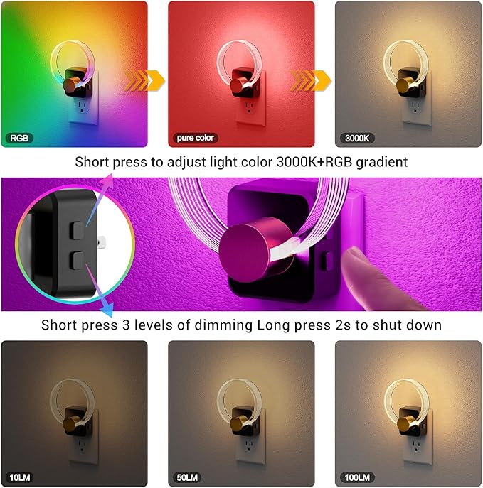 JandCase Night Light, Color Changing Night Lights Plug into Wall, 1 Pack | RGB Nightlight with Light Sensor, 180° Rotatable Plug in Nightlights, Dimmable Ring Acrylic Night Light for Kids Gift Hallway
