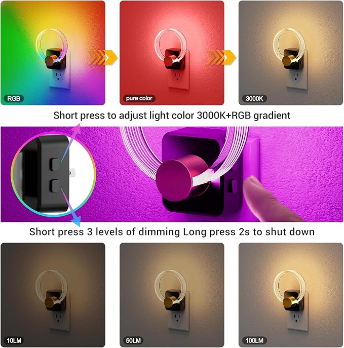 JandCase Night Light, 2 Pack Color Changing Night Lights Plug into Wall | RGB Nightlight with Light Sensor, 180° Rotatable Plug in Nightlights, Dimmable Ring Acrylic Night Light for Kids Gift Hallway