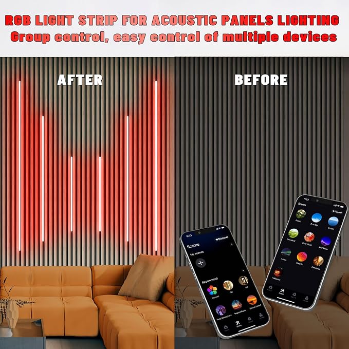 Lichaser RGB Black LED Strip Light for Wood Slat Wall Panel, 6 Pcs WiFi Smart Recessed Lighting for Acoustic Panel Compatible with Alexa, Self-Adhesive Smart LED for Slat Wall (2*36+2*24+2*16 in)