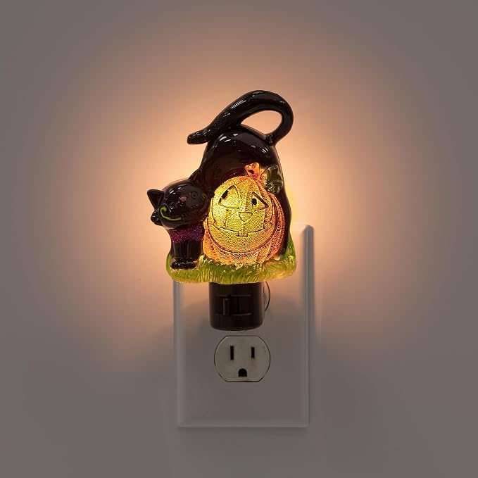 Creative Hobbies Holiday Decor Night Lights - Featuring Halloween Jack O' Lantern Pumpkin and Black Cat with Rotational Socket and On/Off Switch