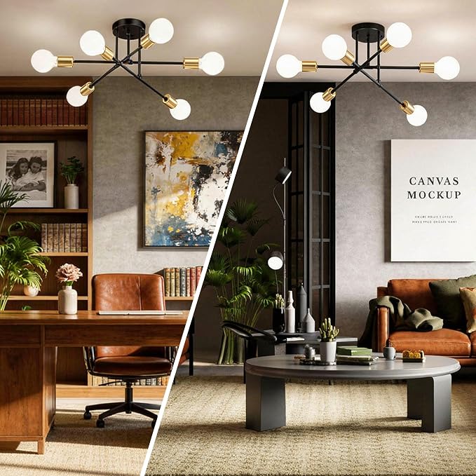 Modern Sputnik Chandelier Ceiling Light Fixtures, 6-Lights 22” Mid Century Industrial Metal Semi Flush Mount for Dining Room, Bedroom, Living Room-Black and Gold
