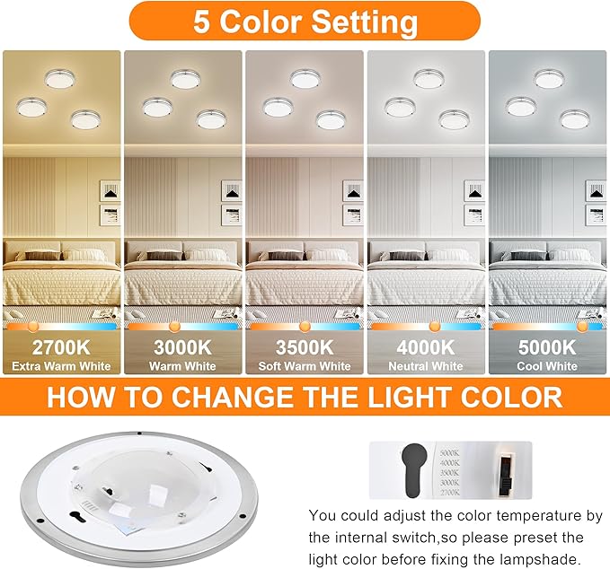 2 Pack 7.5 Inch Round Brushed Nickel Ceiling Light Fixture - Flush Mount LED Ceiling Lamp Set of Two 2700K/3000K/3500K/4000K/5000K Adjustable Brushed Nickel Bathroom LED Light for Bedroom 12W