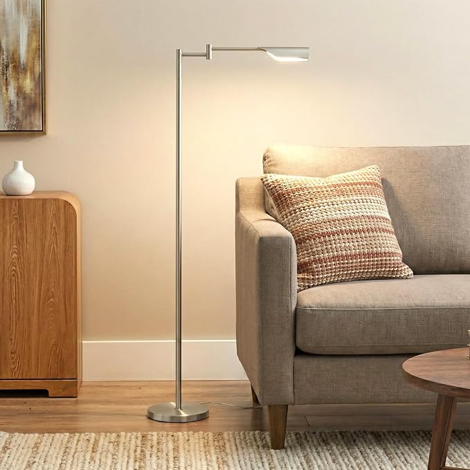 Brightech Leaf Pharmacy LED Reading Lamp, Dimmable Floor Lamp with Easy Adjustable Rotation Over Chair or Desk for Living Room, Work Light for Office, Modern Minimalist Home Decor - Platinum Silver