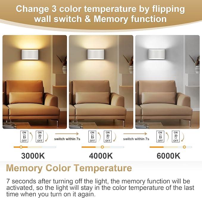 TRLIFE Dimmable Wall Sconces, 3000K/4000K/6000K Selectable Modern LED Wall Sconce 12W Aluminum Wall Mounted Light Hardwired Wall Lights for Bedroom Bedside Living Room Stairway (White, 1 Pack)