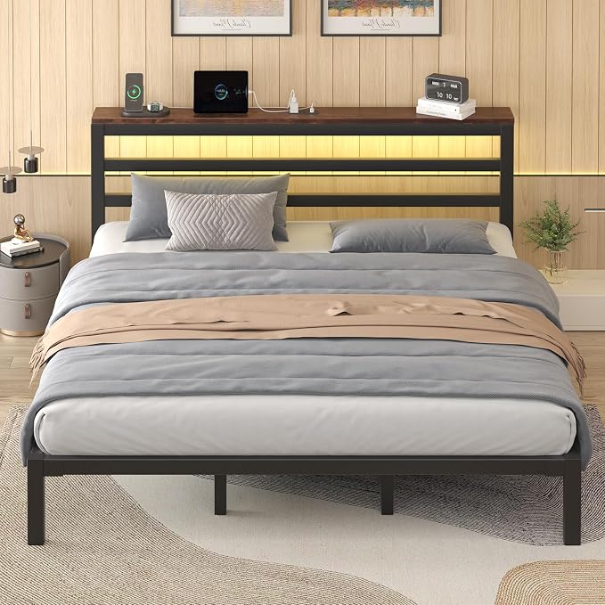 LOEWAY King Size Metal Bed Frame with Storage Headboard & LED Lights, Black | Built-In Charging Station, Under-Bed Storage, Heavy Duty Metal Slats, No Box Spring Needed, Solid and Stable, Easy Assembly
