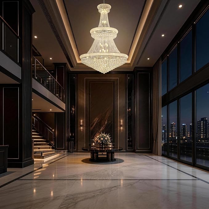 36-Lights High Ceiling Chandelier, 42'' W Modern Chrome Crystal Chandeliers Large Foyer Chandelier Fixtures for Staircase, Living Room, Hallway Entryway, Silver