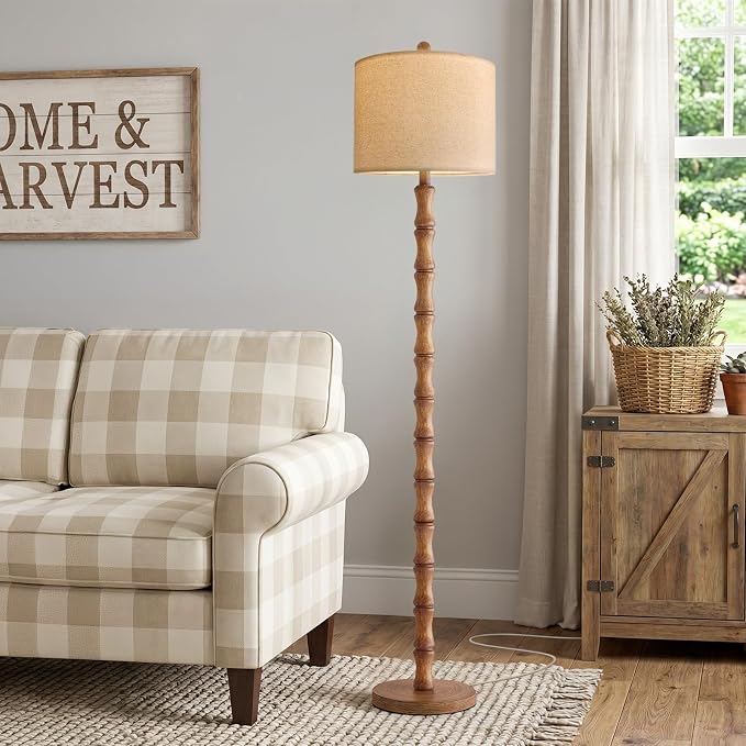 62" Farmhouse Floor Lamp for Living Room, Rustic Standing Lamp with Linen Shade and Rotary Switch, Resin Corner Floor Lamp for Bedroom, Dining Room, Office, Home Decor, Wood Grain