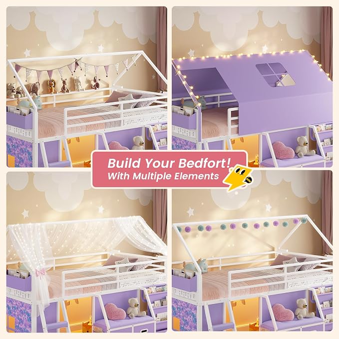ADORNEVE Low Loft Bed Twin Size with Bookshelf, Reading Nook & 3 Drawers | Purple Kids Loft Bed, LED Light, Storage Drawers, Under-Bed Play Space,Safety Guardrail, Inclined Ladde, Play Curtain