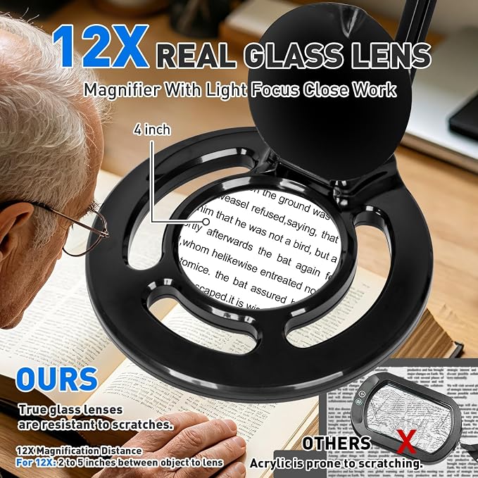 12X Magnifying Glass with Light, KIRKAS 2,200 Lumens LED Magnifying Lamp | with Clamp, Stepless Dimmable Real Glass Lens Magnifier, Adjustable Arm Workbench Light for Close Work Hobby Repair - Black