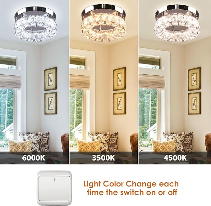 Small Crystal Chandeliers LED Crystal Ceiling Light Semi Flush Mount Light Fixture for Foyer Entryway Crystal Hallway Light Bedroom,9.8",3 Colors Adjustable