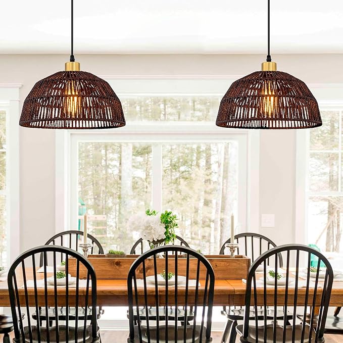 Plug in Pendant Light, Hanging Lights with 15ft Cotton Cord & Stepless Dimming Switch, Handwoven Hemp Rope Lampshade, Black Rattan Lamp for Dining Room,Hallway