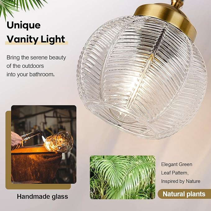 MOKATNG Bathroom Light Fixtures, 2-Light Clear Vanity Lights with Unique Leaf Texture Glass Shade, Modern Matte Black and Gold Bathroom Wall Lamp for Mirror Hallway Cabinet Living Room