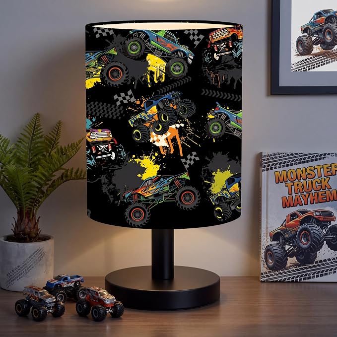 Truck Kids Table Lamp for Bedroom Kids Bedside Lamp with Linen Wooden Nightstand Cartoon Nursery Lampshade for Girls Boys Living Room