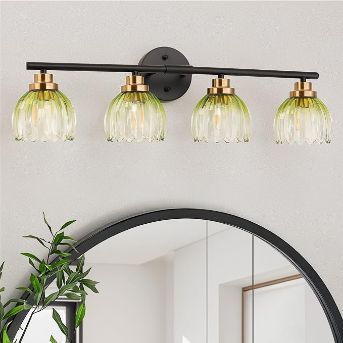 TALOYA Black Gold 4-Light Bathroom Vanity Light with Green Tulip GlassShade | Modern Vanity Lighting Fixtures, Bathroom Lights Over Mirror, Wall Mount Mirror Light Fixtures for Bathroom Hallway Bedroom