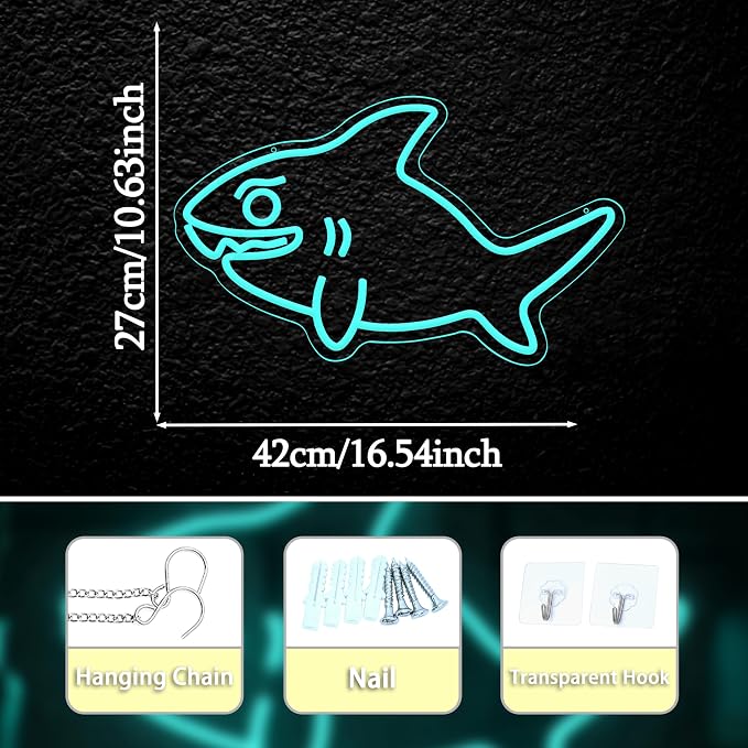 Shark Neon Sign for Wall Decor Fish LED Neon Light USB Powered Shark Shaped Light Sign for Wall Decor Man Cave Zoo Bedroom Home(10.63 * 16.54In)