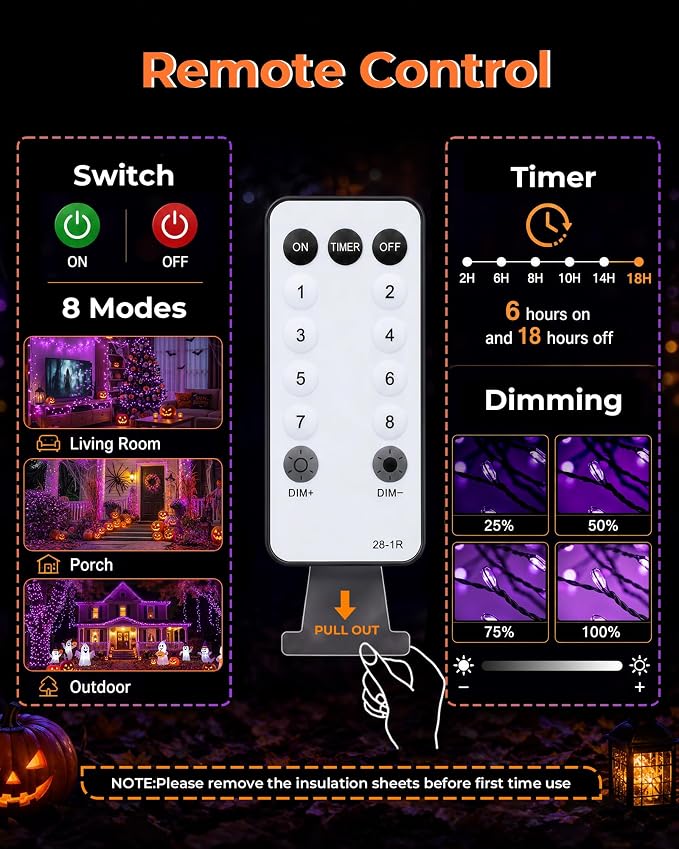 Halloween Fairy Lights Plug in, String Lights for Halloween Decorations | 10FT 200LEDs, 1 Pack with Remote, Orange&Purple, Waterproof Firecracker Lights for Window Bar Haunted Theme Halloween Decor