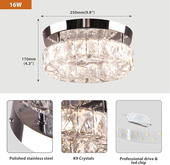 Small Crystal Chandeliers LED Crystal Ceiling Light Semi Flush Mount Light Fixture for Foyer Entryway Crystal Hallway Light Bedroom,9.8",3 Colors Adjustable