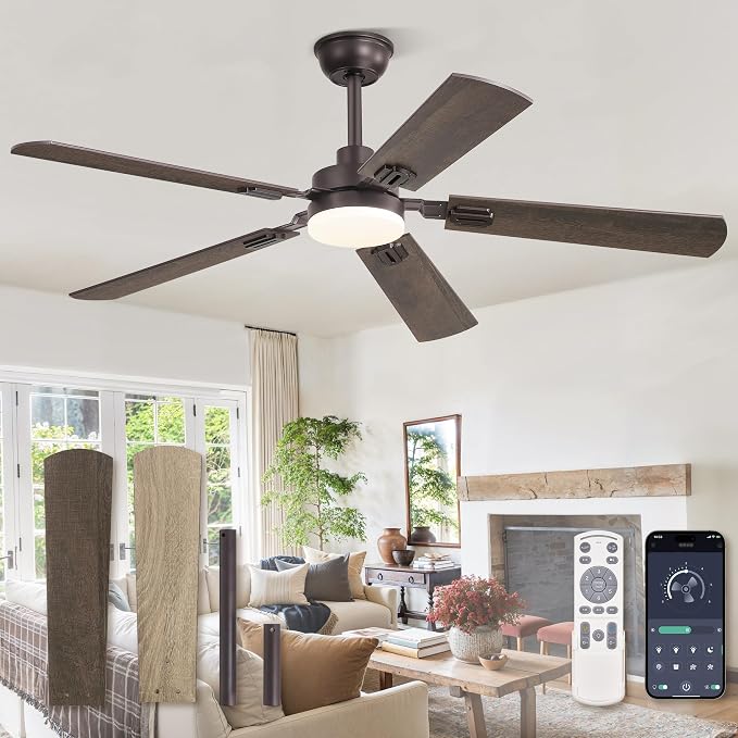 ZMISHIBO 52" Ceiling Fan with Light and Remote, Oil Bronze Farmhouse Indoor | 24W 2400LM Bright LED, 3CCT, Dimmable, App Control, Rustic Dual Finish Blades, Quiet&Strong Motor for Bedroom, Living Room