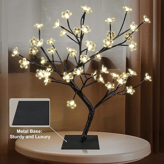 LIGHTSHARE 18 Inch Cherry Blossom Bonsai Tree, 48 LED Lights, 24V UL Listed Adapter Included, Metal Base, Warm White Lights, Ideal as Night Lights, Home Gift Idea