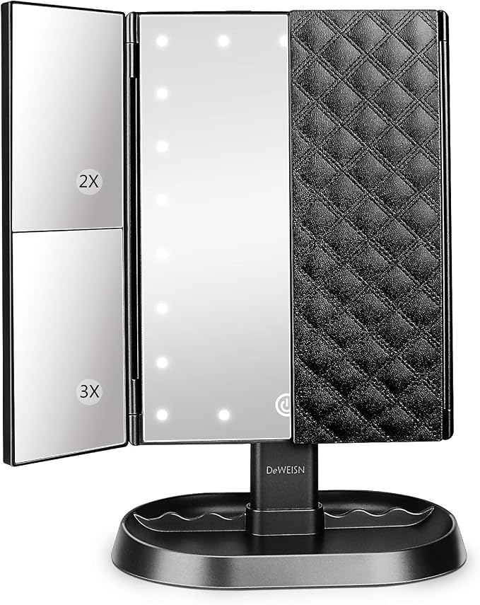 Trifold Lighted Vanity Makeup Mirror with 21 LEDs Lights,1x/2x/3x Magnification and Touch Screen Dimming,Two Power Supplies Makeup Mirror, Gift for Women