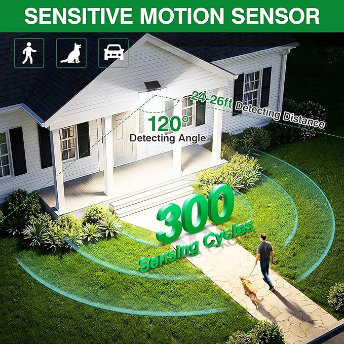 Solar Outdoor Lights Motion Sensor, 3500LM 286 LED Security Flood Lights with Visual Battery & Mode Display, 3 Lighting Modes, IP65 Waterproof 3-Head Wide Angle for Garage, Yard, Patio (1 Pack)