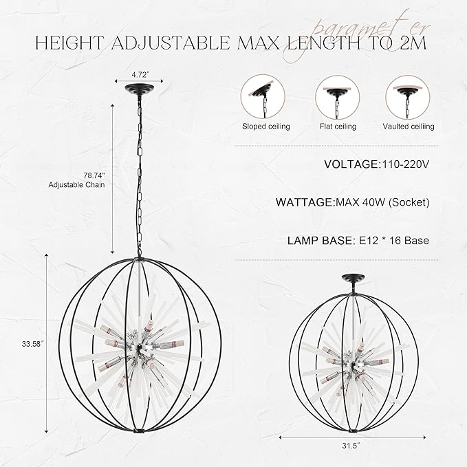 31.5" Black Chrome Large Globe Sputnik Chandelier, 16-Light Mid Century Modern Glass Tube Satellite Light Fixture for High Ceiling Living Room Dining Room Entryway Stairway, E12