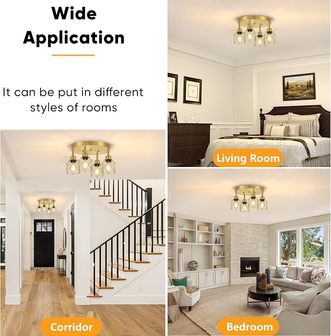 Baocuz 4-Light Brushed Gold Kitchen Light Fixtures Ceiling Mount, Adjustable Flush Mount Ceiling Light, Farmhouse Close to Multi-Directional Lamp for Kitchen, Hallway, Dining Room
