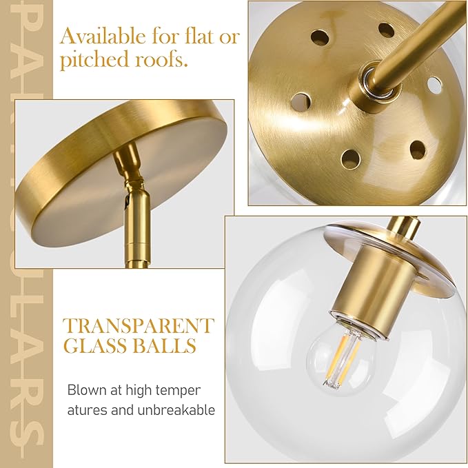 6" Globe Pendant Light Gold 2 Pack Mid Century Pendant Light Globe Pendant Lights Kitchen Island Brushed Brass Finished with Clear Glass Adjustable Ceiling Light Fixtures for Dining Room Bar