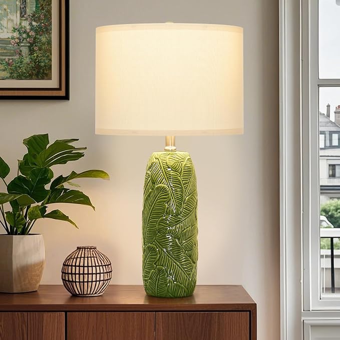 25" Green Ceramic Table Lamps for Living Room Set of 2 with Leaves Design | Retro Bedroom Nightstand Lamps, End Table Lamps, Farmhouse Home Decor Lamps, Green Lamps with White Shade, Premium Ceramic