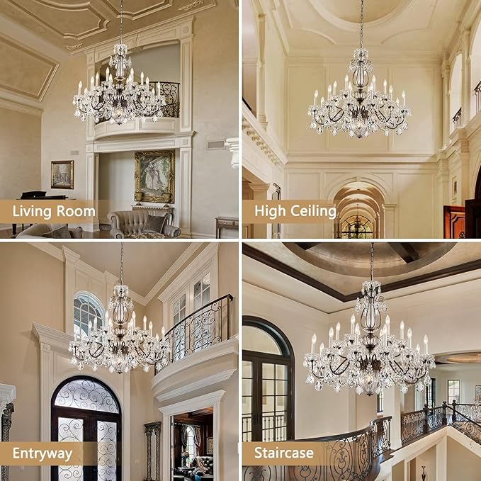 Vintage Crystal Chandelier 18-Lights Large Crystal Chandeliers for High Ceilings Brown Maria Theresa Chandelier Light Fixture for Living Room Hallway Hotel Banquet Hall Lobby Entrance Foyer Dia 37"