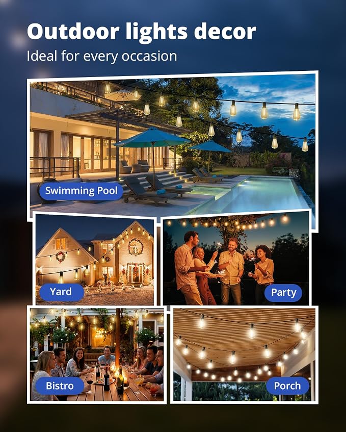 Outdoor String Lights 120FT, Outdoor Party Light with 58 Edison Lights Bulb | Shatterproof,Edison Outside Lights,Plug-In,2700K Dimmable, Connectable, Hanging Light for Porch Garden Backyard Deck Balcony