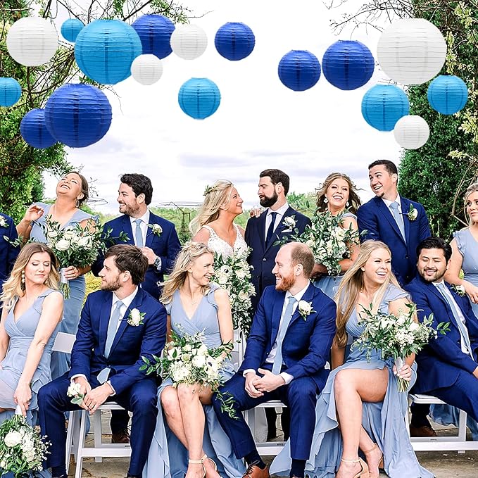 21- Pack Blue Paper Lanterns, Hanging Round Party Decorations | Reusable Indoor & Outdoor Decor for Anniversary, Graduation, Wedding, Birthday, Baby Shower Decorations, 4/6/8/10 inches