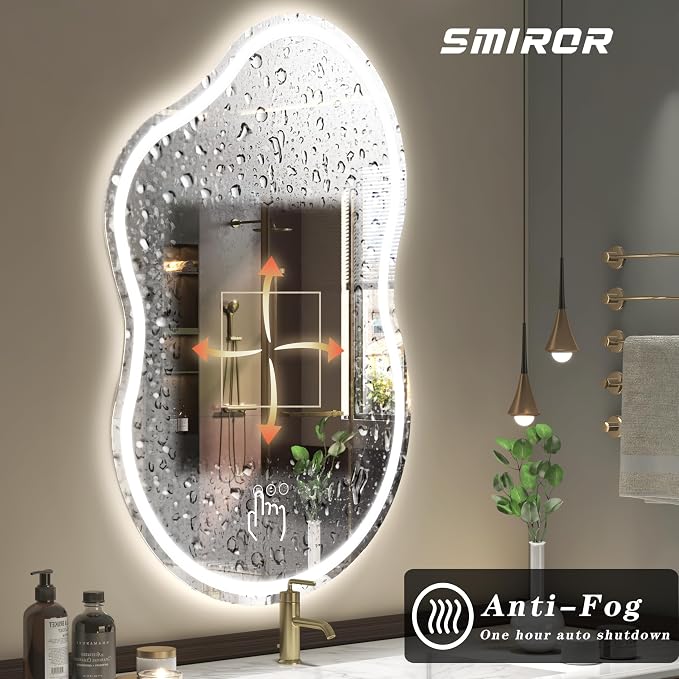 SMIROR 60x32 Irregular Led Lighted Bathroom Vanity Mirror | Asymmetrical, Cloud Shape, Front lighted + Backlit, Anti-Fog, 3 Colors, Dimmable, Memory, Tempered Glass, UL