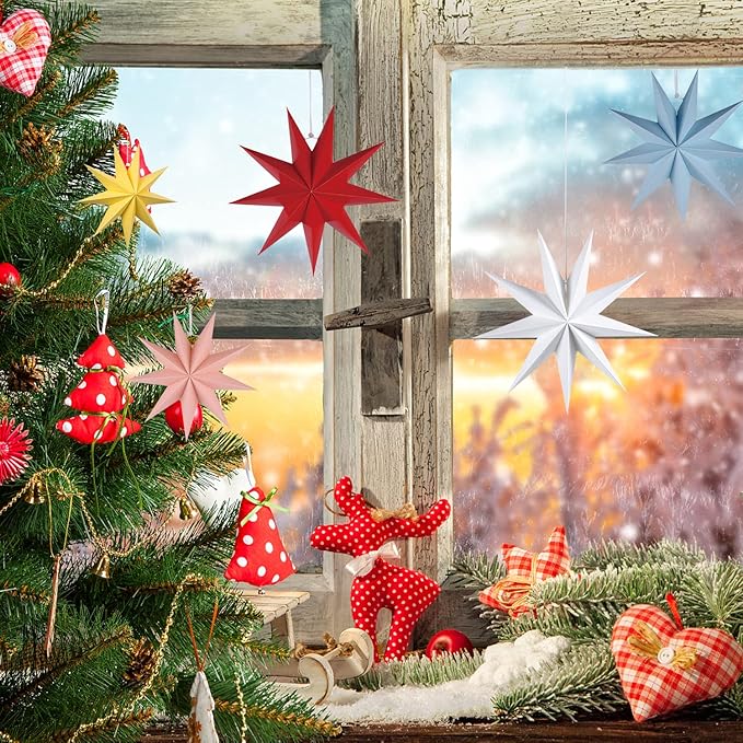 5Pack 9-Pointed Paper Star Lantern 11.8 inch Hanging Paper Lampshade for Winter Wonderland Xmas Day Decoration Wedding Birthday Party Home Decor (Multi-Colored)