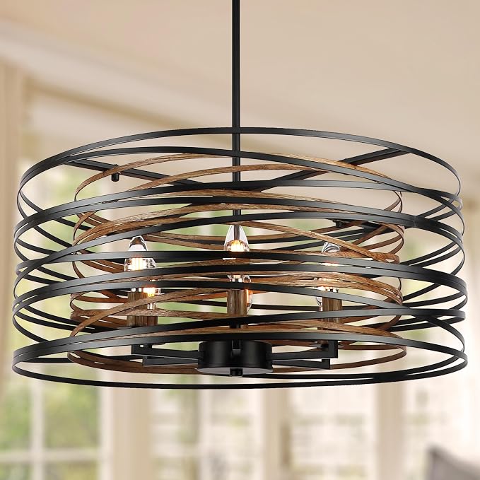 ACNKTZ 23.6'' Rustic Large Drum Chandeliers for Dining Room, 6-Light Modern Farmhouse Lighting for Kitchen Island, Retro Round Entryway Light Fixture, Black with Retro Wood Texture Interior