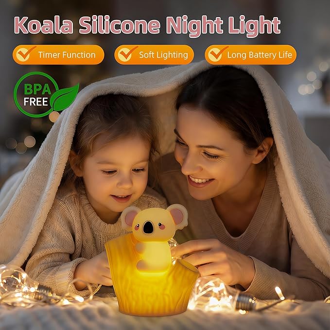Koala Tap Night Light USB Rechargeable Dimmable Timer RGB Color Changing Silicone Cute Cartoon LED Touch Lamp for Kids Bedroom Nursery Baby Toddler